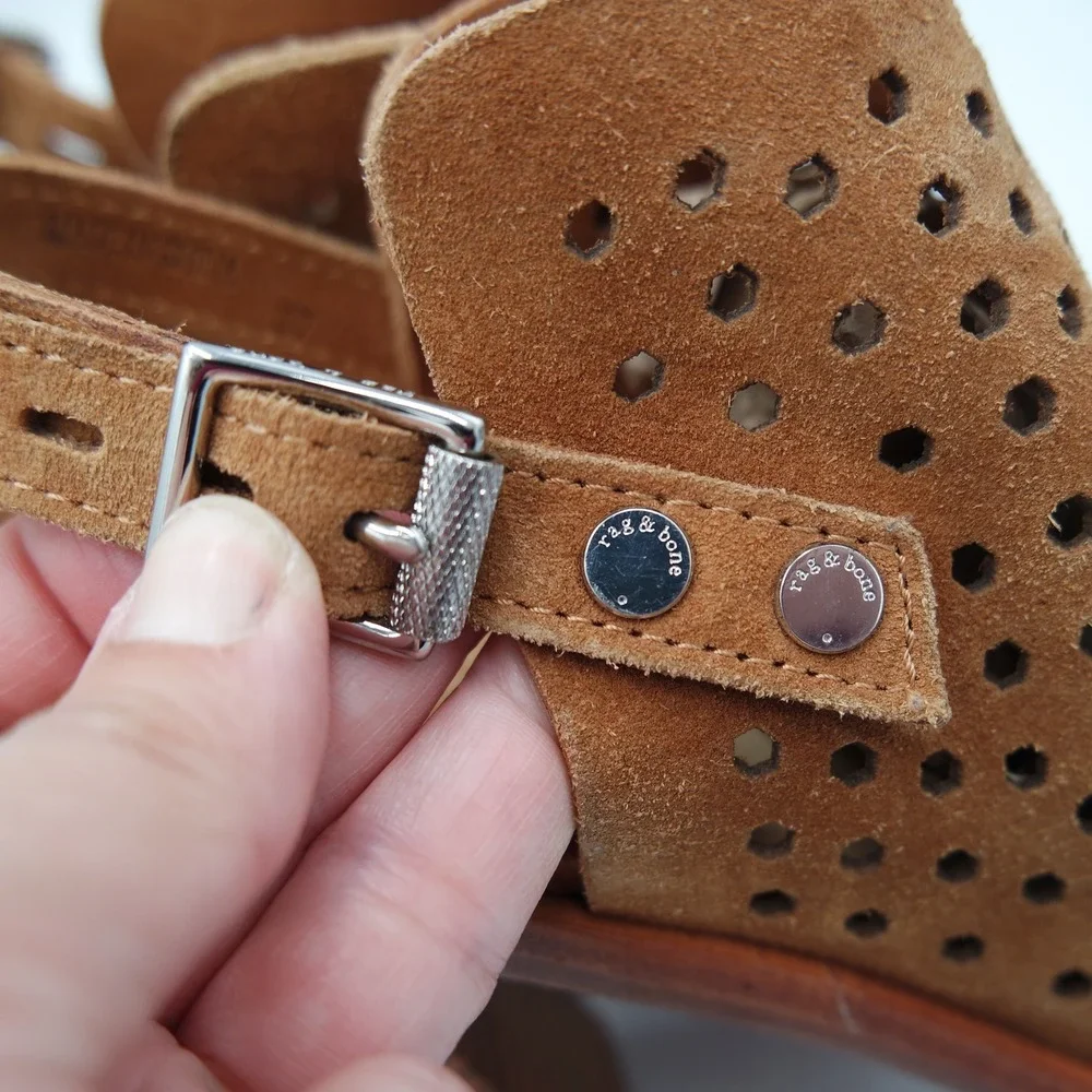 Rag & Bone Wyatt Womens Cognac Brown Perforated Suede Sandals 37 Fits US 7